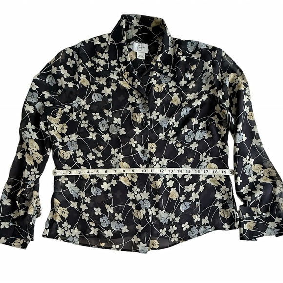 Ann Taylor LOFT 100% Silk Blouse Size 14 Navy Floral Semi Sheer Button Front Top - Picture 7 of 9